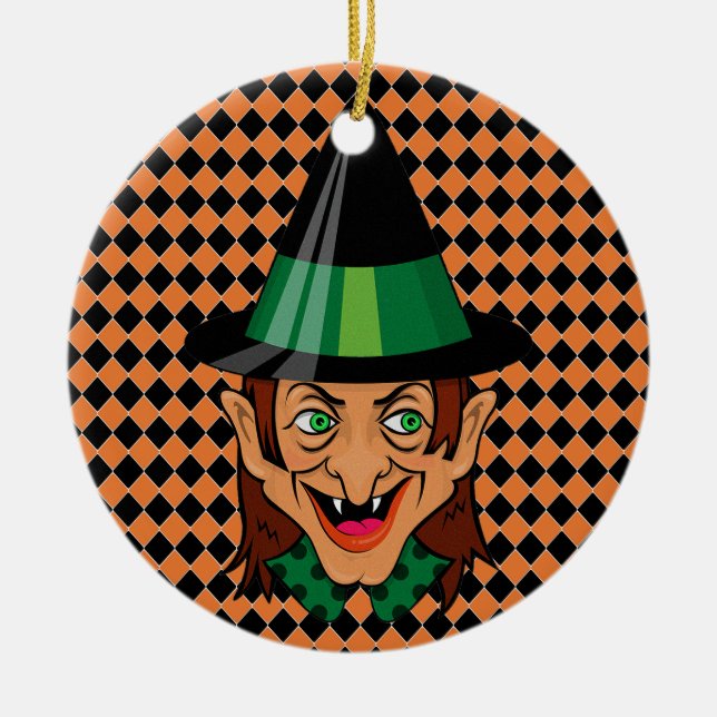 Vintage Halloween-häxa  Julgransprydnad Keramik (Framsidan)