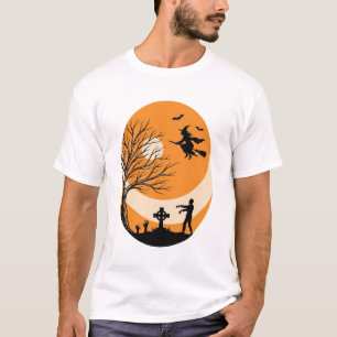 Vintage Halloween-häxa Måne Kyrkogård Vector Desi T Shirt