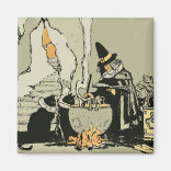 Vintage Halloween, häxa med gryta och katter Magnet