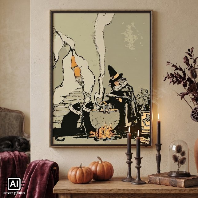 Vintage Halloween, Häxa med Kittel och Katter Poster (Vintage illustration Halloween design with black cats and a witch stirring a brew in a caldron.)
