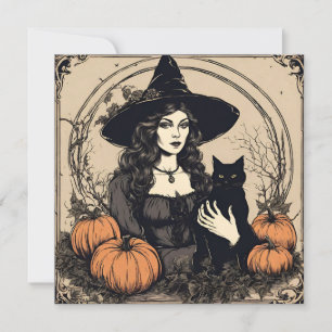 Vintage Halloween-häxa med svart katt, pumpor Julkort