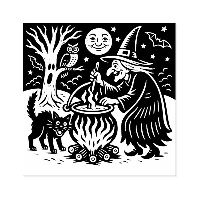 Vintage Halloween-häxa och katt gummistämpel Stämpel (Tryck)