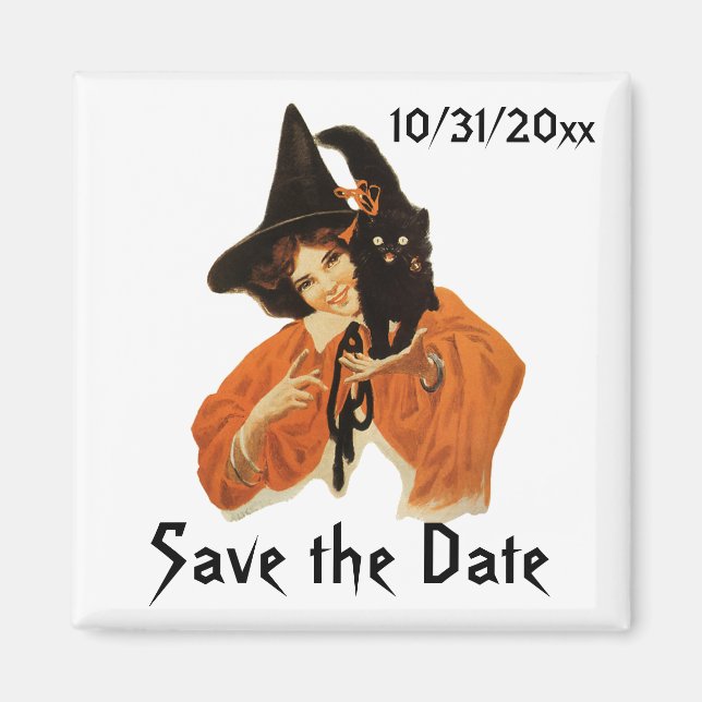 Vintage Halloween-häxa och katt, spara datum! Magnet (Framsidan)