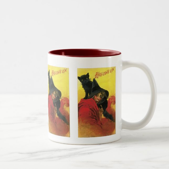 Vintage Halloween-häxa och katt Två-Tonad Mugg (Höger)