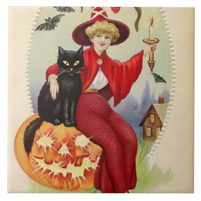 Vintage Halloween-häxa och svart katt Kakelplatta (Framsidan)