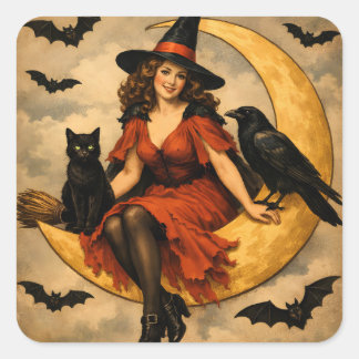 Vintage Halloween-häxa på månen Fyrkantigt Klistermärke