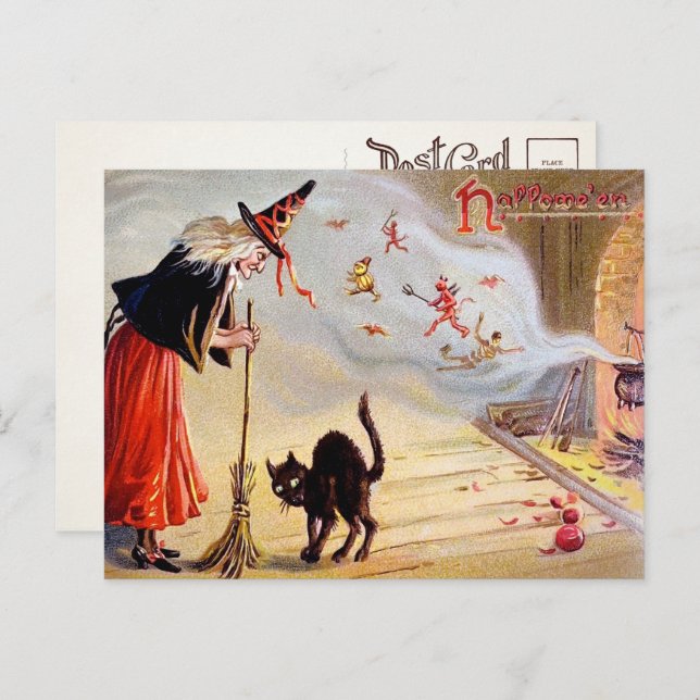 Vintage Halloween-häxa Postkort Vykort (Fram/baksida)