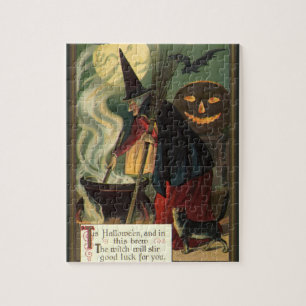 Vintage Halloween-häxa rör om i magisk gryta Pussel
