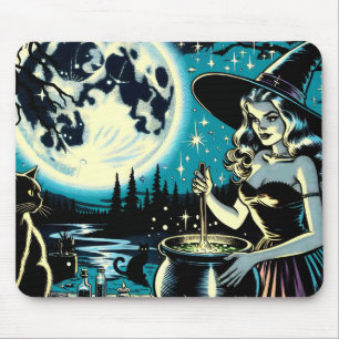 Vintage Halloween-häxa som rör i en gryta Musmatta
