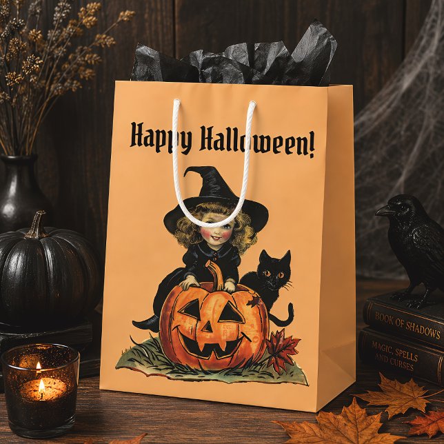 Vintage Halloween-häxa Svart katt & pumpa (Skapare uppladdad)