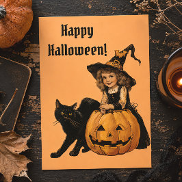 Vintage Halloween-häxa Svart katt & pumpa Vykort