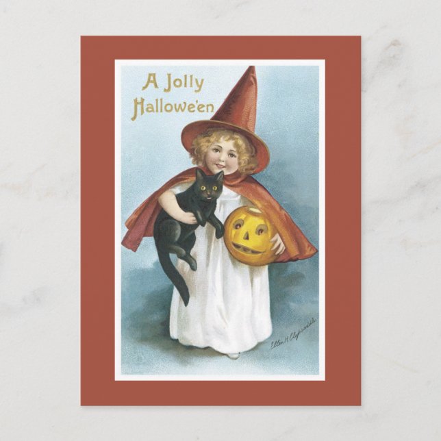 Vintage Halloween-häxa svart katt vykort (Framsida)