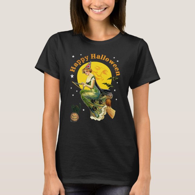 Vintage Halloween-häxa T Shirt (Framsida)