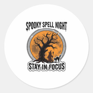 Vintage Halloween-häxa Träd och Svart Katt Grafik Runt Klistermärke