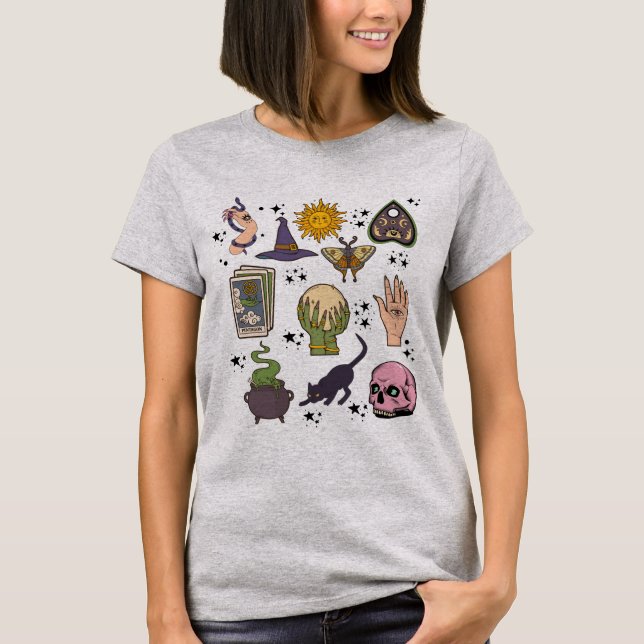 Vintage Halloween häxdoodlar T Shirt (Framsida)