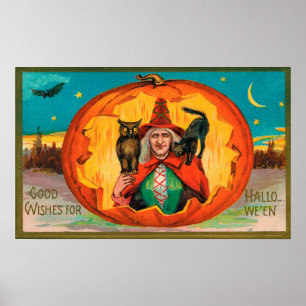 Vintage Halloween-häxkattens uggla party-dekanor p Poster