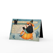 Vintage Halloween-Helgdag-kort för häxsvarta katte
