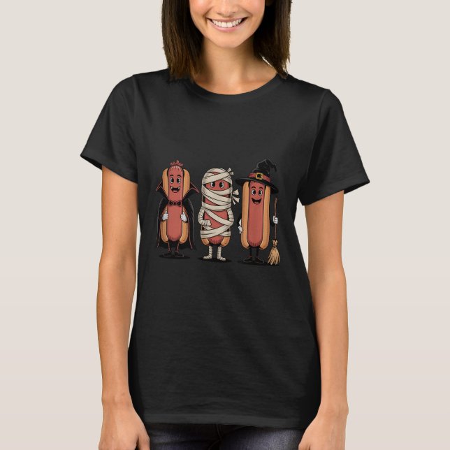 Vintage Halloween Hotdog Vampire Witch Mummy T Shirt (Framsida)