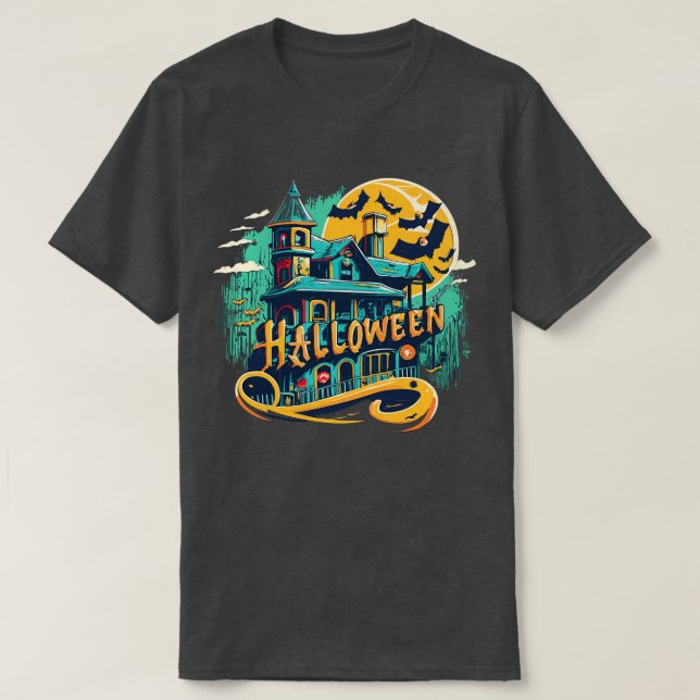 vintage halloween-hus med spöke t shirt (Design framsida)