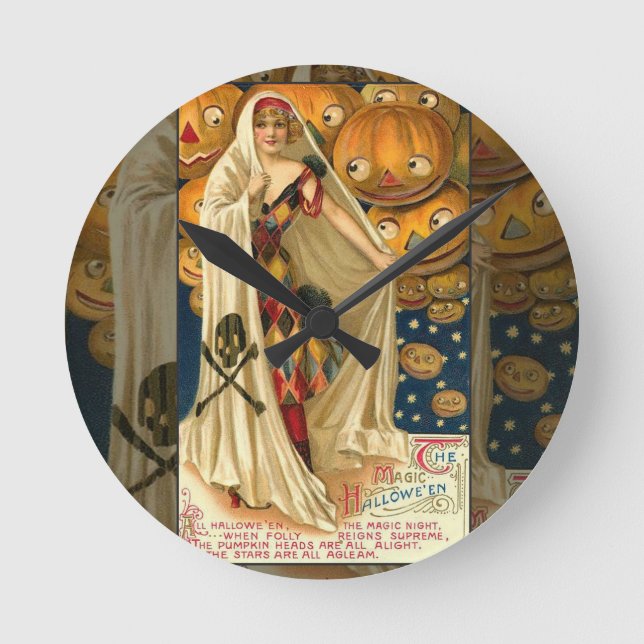 Vintage Halloween Jack o lantern Girl Rund Klocka (Framsida)