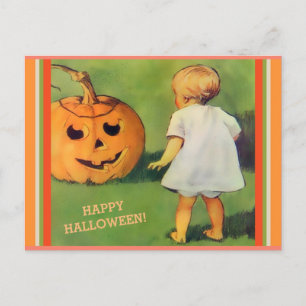 Vintage Halloween Jack-O-Lantern & Little Girl cpy Vykort