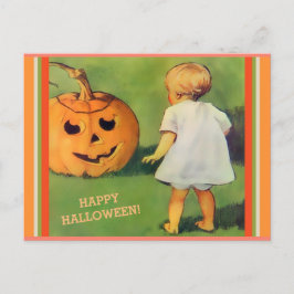 Vintage Halloween Jack-O-Lantern & Little Girl cpy Vykort
