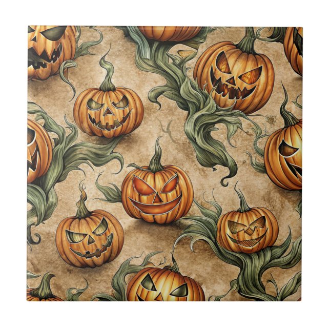 Vintage Halloween Jack-O-Lantern Vine Mönster Kakelplatta (Framsidan)
