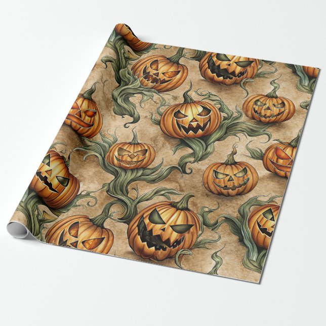 Vintage Halloween Jack-O-Lantern Vinmönster Presentpapper (Utrullad)