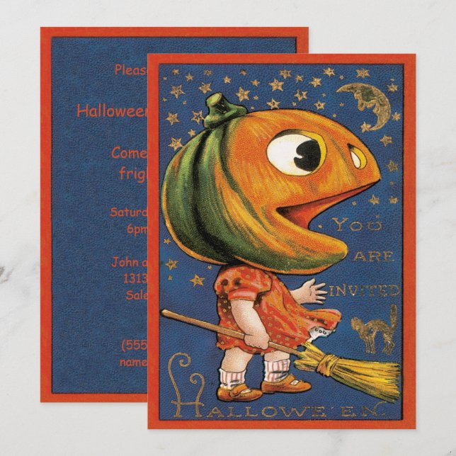 Vintage Halloween, jättekostym med pumpahuvud Inbjudningar (Fram/baksida)