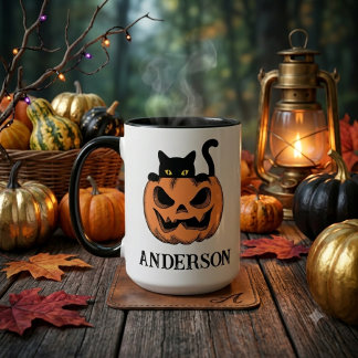 Vintage Halloween Katt Kikar Anpassat Namn Mugg