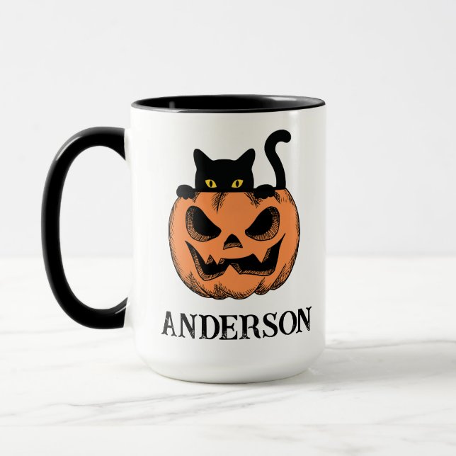 Vintage Halloween Katt Kikar Anpassat Namn Mugg (Vänster)
