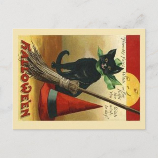 Vintage Halloween-katt & kvast vykort (Framsida)