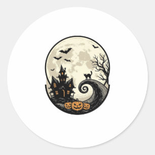 Vintage Halloween Katt Måne Spökhus Vektor De Runt Klistermärke