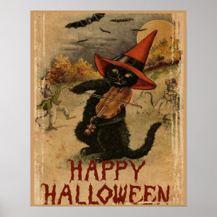 Vintage Halloween Katt Med Fiol Poster
