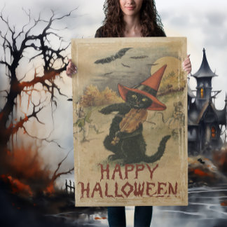 Vintage Halloween Katt Med Fiol Poster