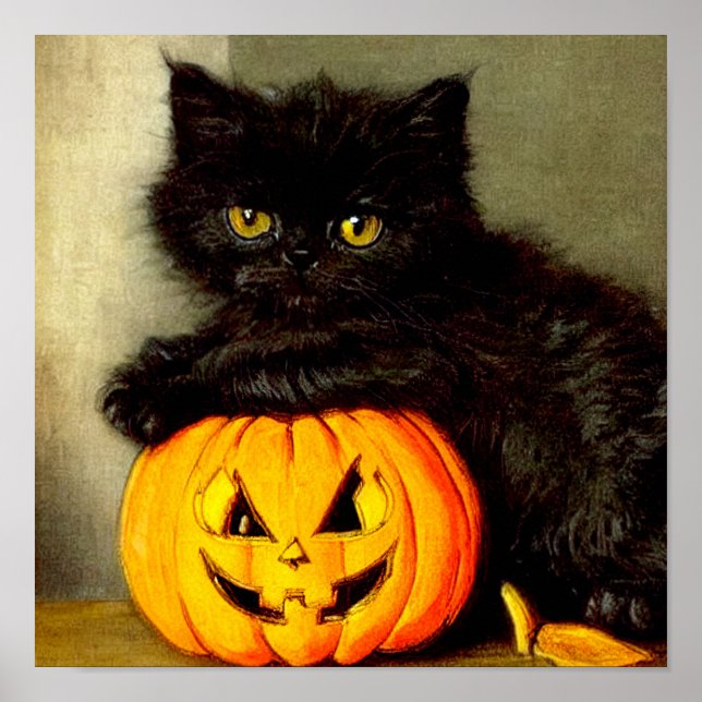 Vintage Halloween Katt och Jack-o’-lantern Poster (Framsidan)