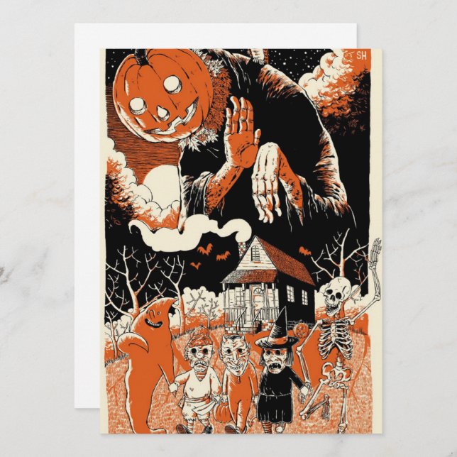 Vintage Halloween Kids och scary Pumpkin (Fram/baksida)