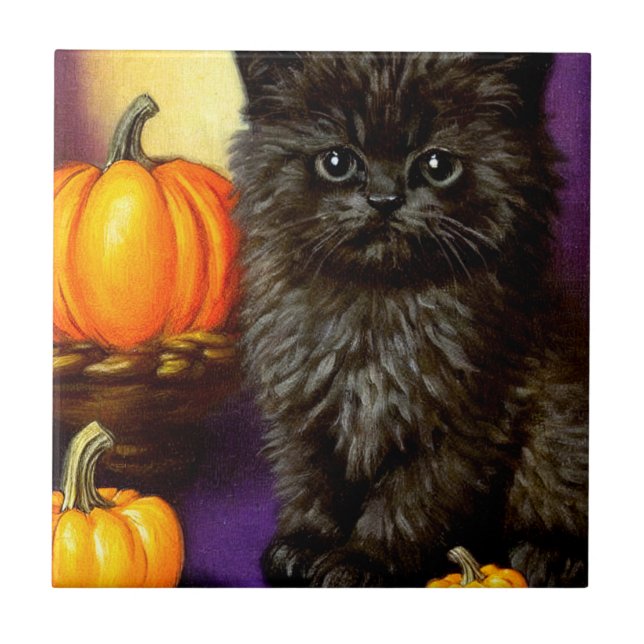 Vintage Halloween Kitten Kakelplatta (Framsidan)
