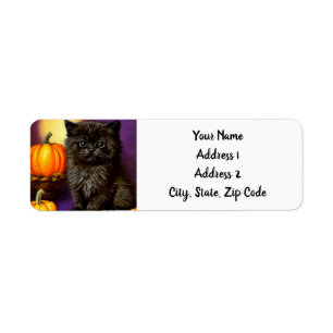Vintage Halloween Kitten Returadress Etikett