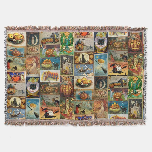 Vintage Halloween-kort Collage Filt (Framsidan)