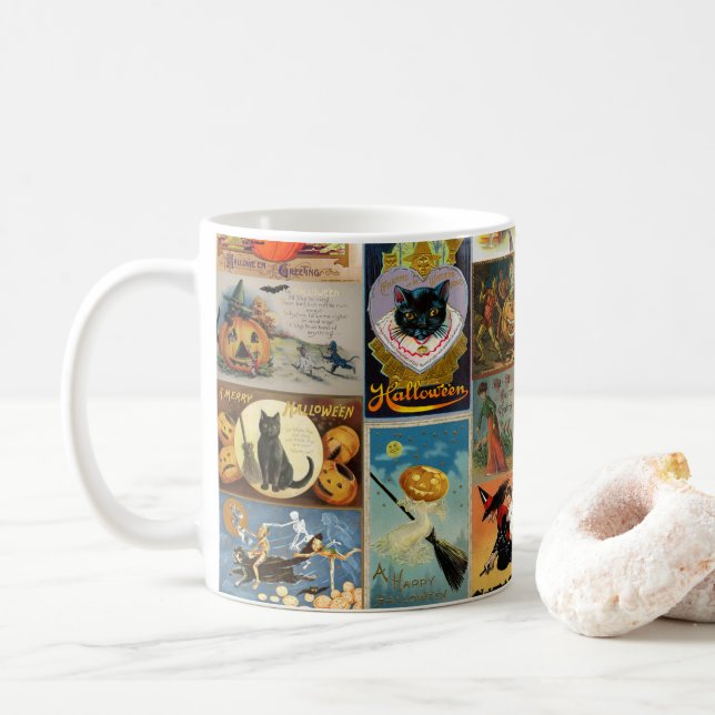 Vintage Halloween-kort Collage Kaffemugg (Med munk)