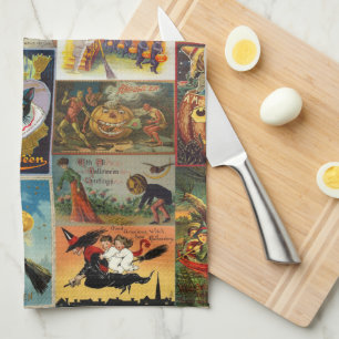 Vintage Halloween-kort Collage Kökshandduk