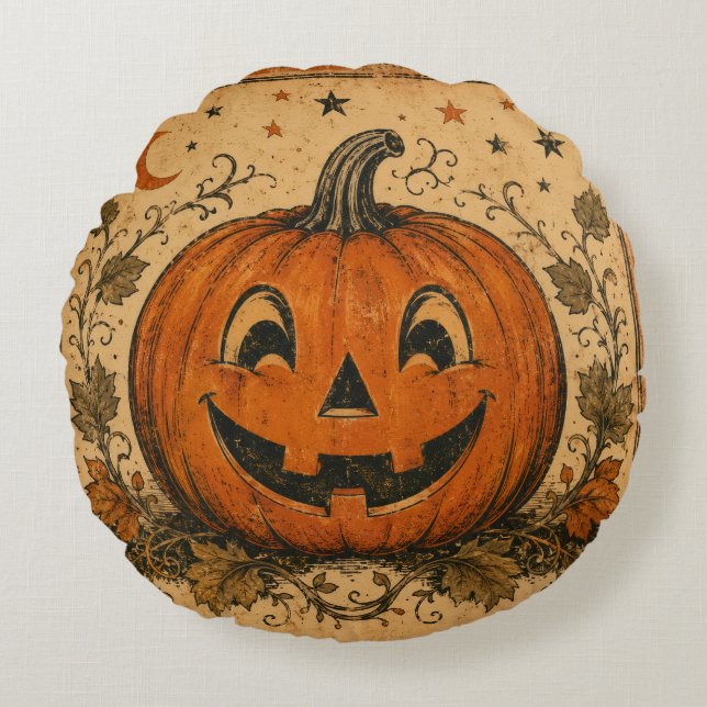 Vintage Halloween-kudde med pumpamönster Rund Kudde (Framsidan)