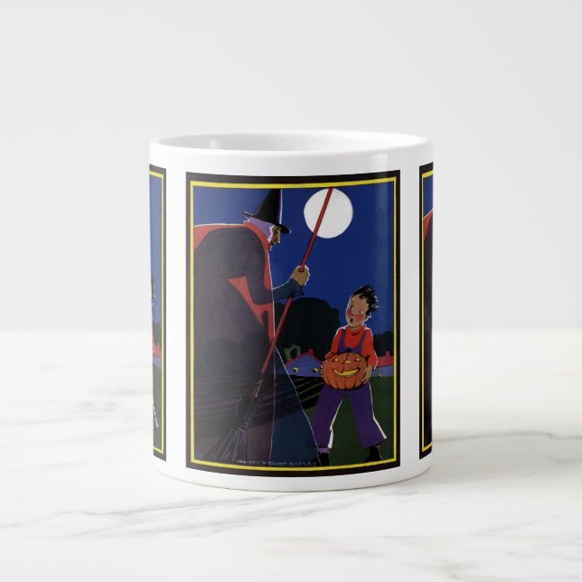 Vintage Halloween, kuslig häxa med pojke Jumbo Mugg (Framsidan)
