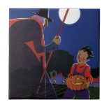 Vintage Halloween, kuslig häxa med pojke Kakelplatta