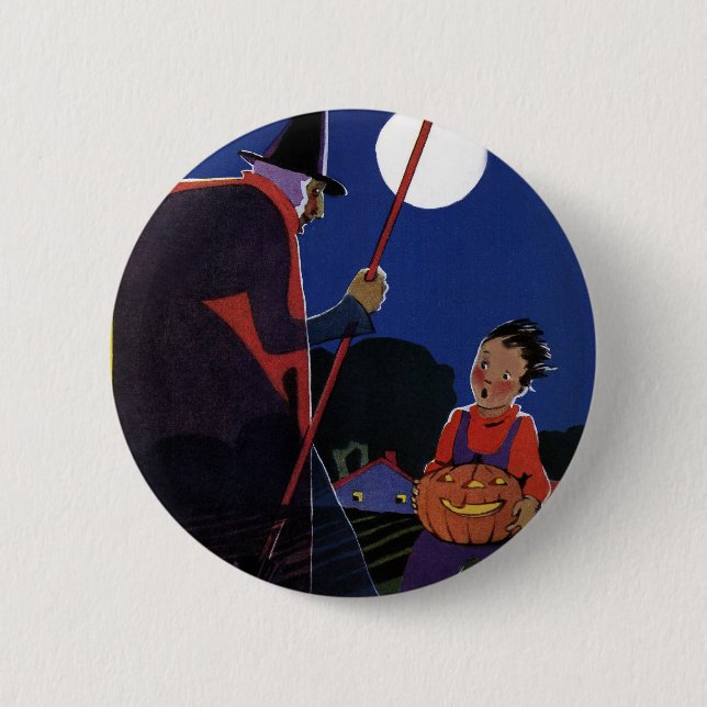 Vintage Halloween, kuslig häxa med pojke Knapp (Framsida)