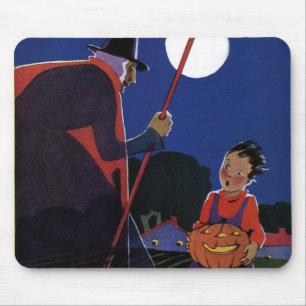 Vintage Halloween, kuslig häxa med pojke Musmatta