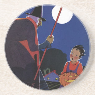 Vintage Halloween, kuslig häxa med pojke Underlägg Sandsten