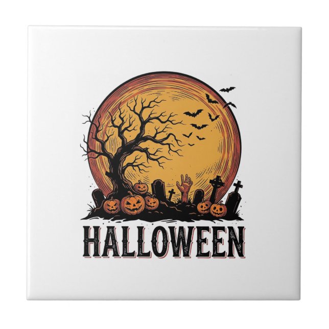Vintage Halloween Kyrkogård Fladdermus Måne Konst_ Kakelplatta (Framsidan)