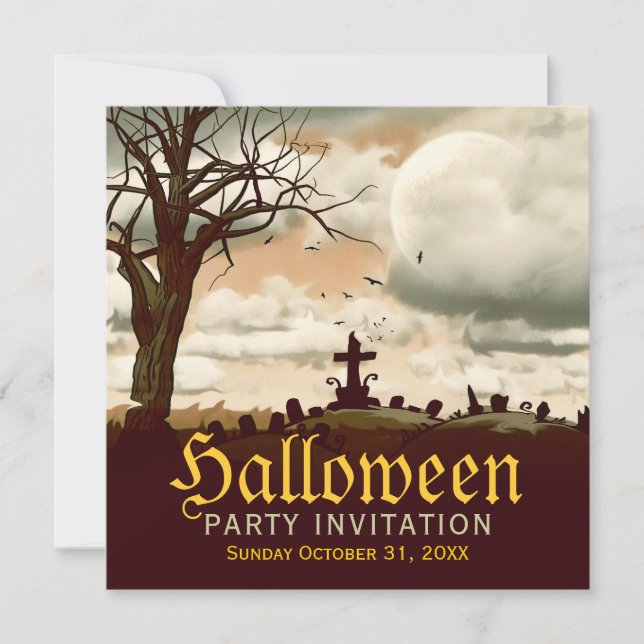 Vintage Halloween-kyrkogård inbjudan med fullmåne (Framsida)